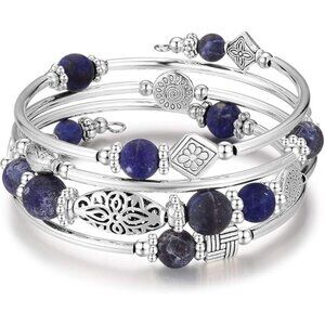 04-Navy Blue Layered Wrap Bangle Bead Bracelet w/ Agate Stone